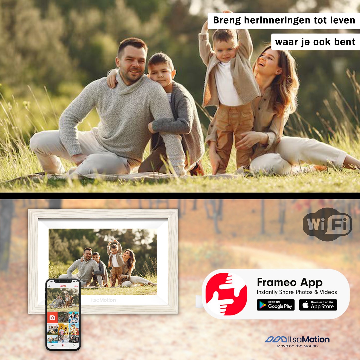 ItsaMotion DF335 – Digitale Fotolijst 10.1 inch | Wit Houtlook | WiFi & Touchscreen | Frameo App | IPS Touchscreen | 32GB