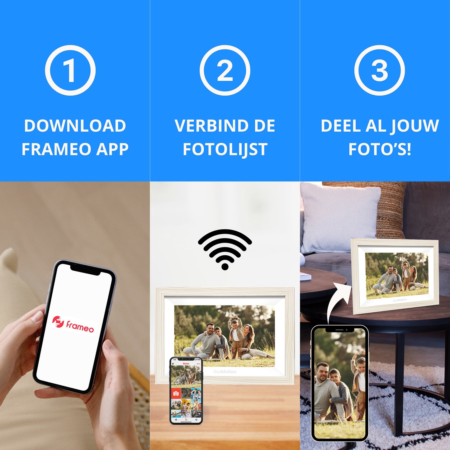 ItsaMotion DF335 – Digitale Fotolijst 10.1 inch | Wit Houtlook | WiFi & Touchscreen | Frameo App | IPS Touchscreen | 32GB